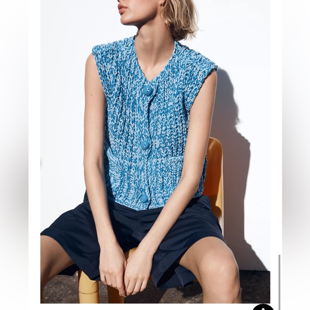 ZARA BLUE CHUNKY KNIT VEST TOP BUTTON-UP Pastel WOMEN large New 5802/011